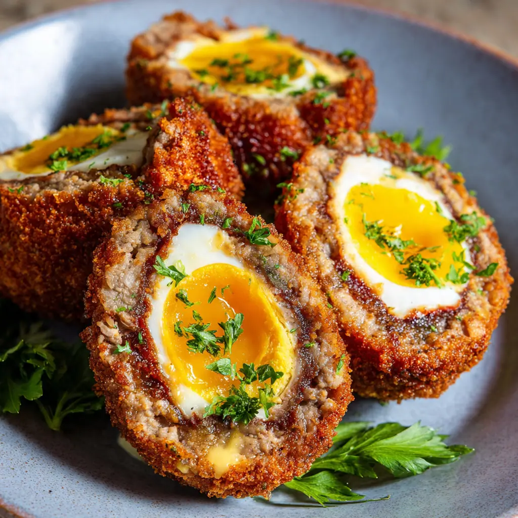 Freshly fried Scotch egg cut in half to reveal the perfectly cooked hard-boiled egg with creamy yolk center