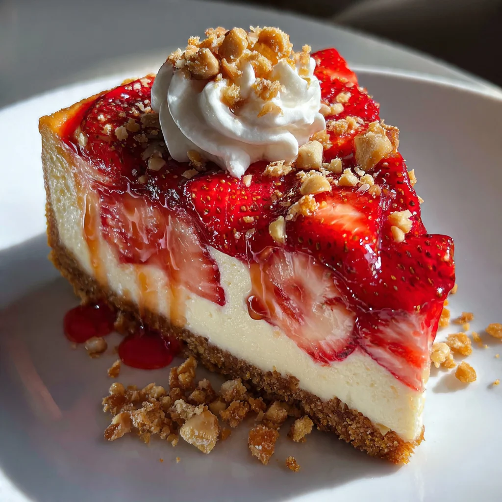 Close-up slice of creamy cheesecake showing the graham cracker crust and crunchy strawberry topping