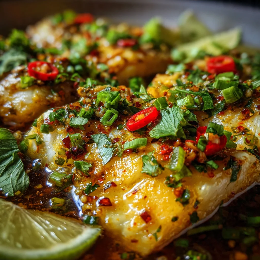 A complete dinner plate with Thai lime garlic fish, steamed jasmine rice, and lime wedges on the side