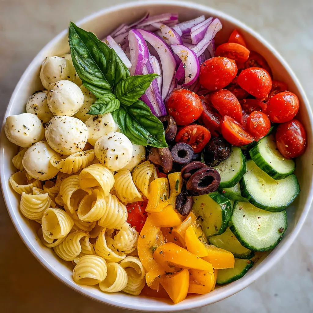 Overhead view of all the fresh ingredients arranged before assembly into the layered pasta salad