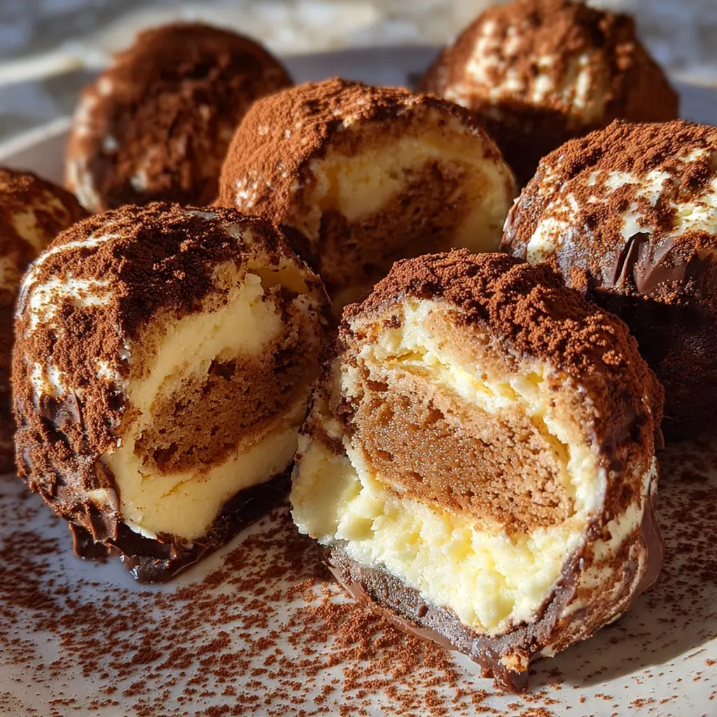 A close-up shot of a bitten truffle revealing the creamy coffee-flavored center