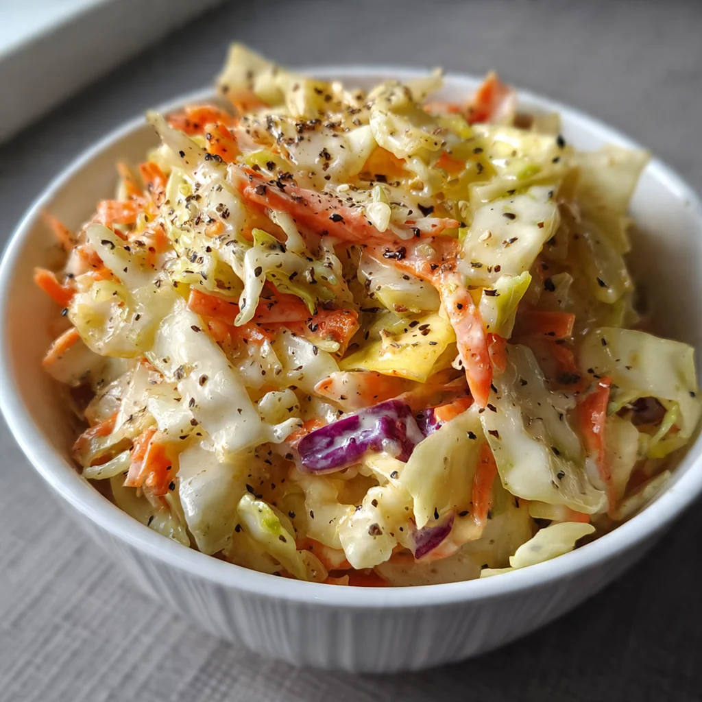 Creamy coleslaw served in a small bowl next to a piece of golden fried chicken on a checkered picnic blanket