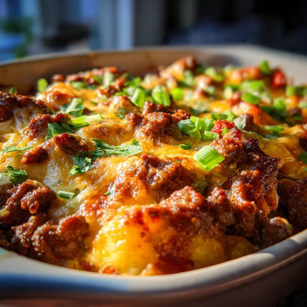 A full 9x13 baking dish of comforting ground beef casserole served with a green salad and garlic bread
