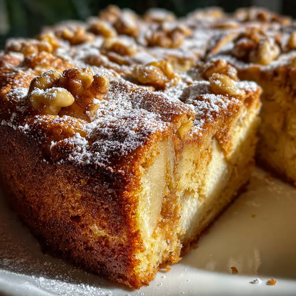 Close-up slice of moist apple cake showing tender crumb and chunks of baked apple.