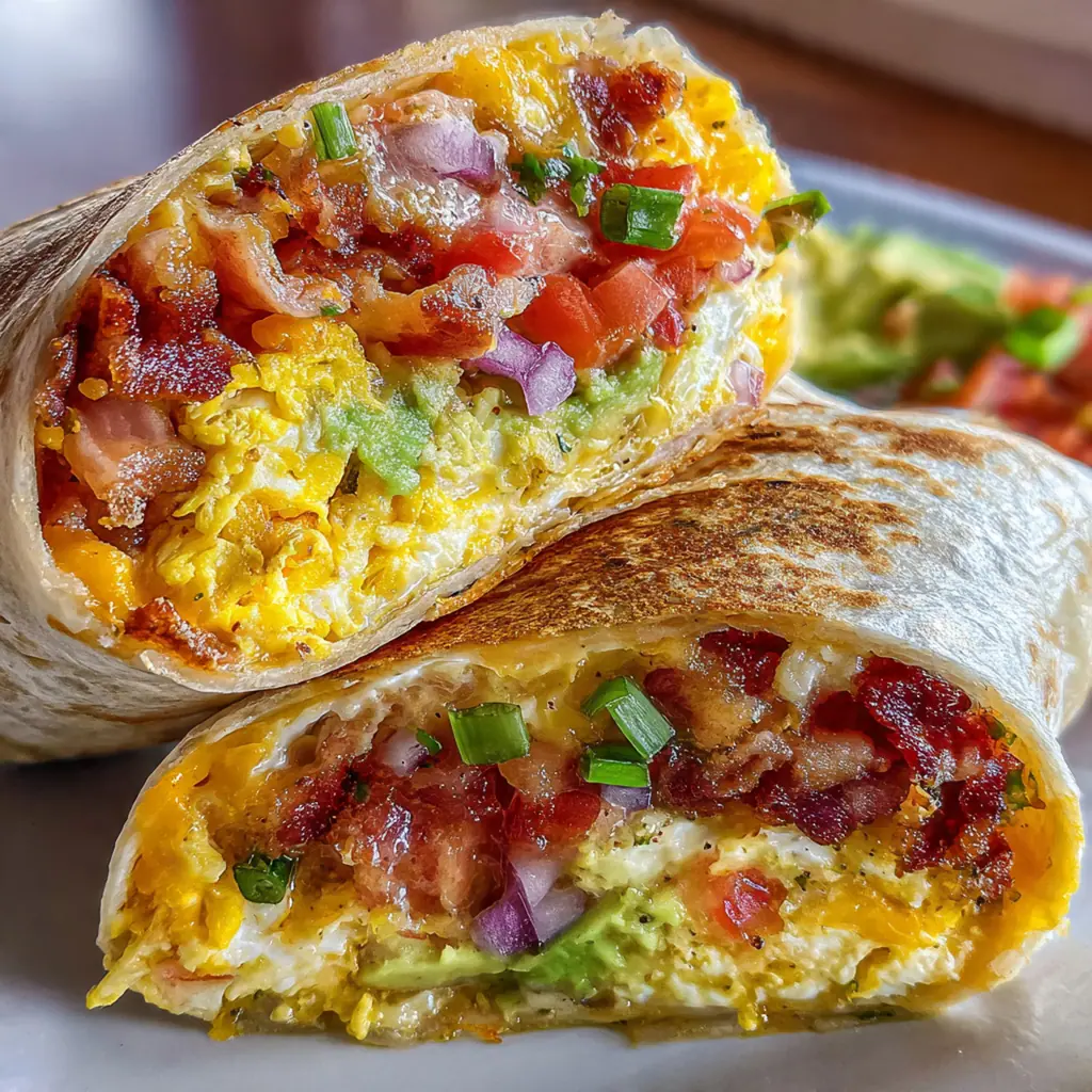 Close-up of a burrito cut in half, revealing fluffy scrambled eggs, crispy bacon, and melted cheese