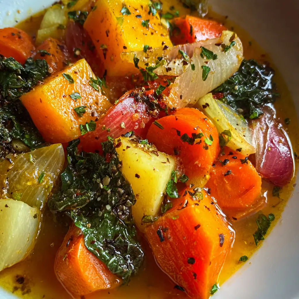 Close-up of a spoonful of stew with wilted kale and creamy white beans