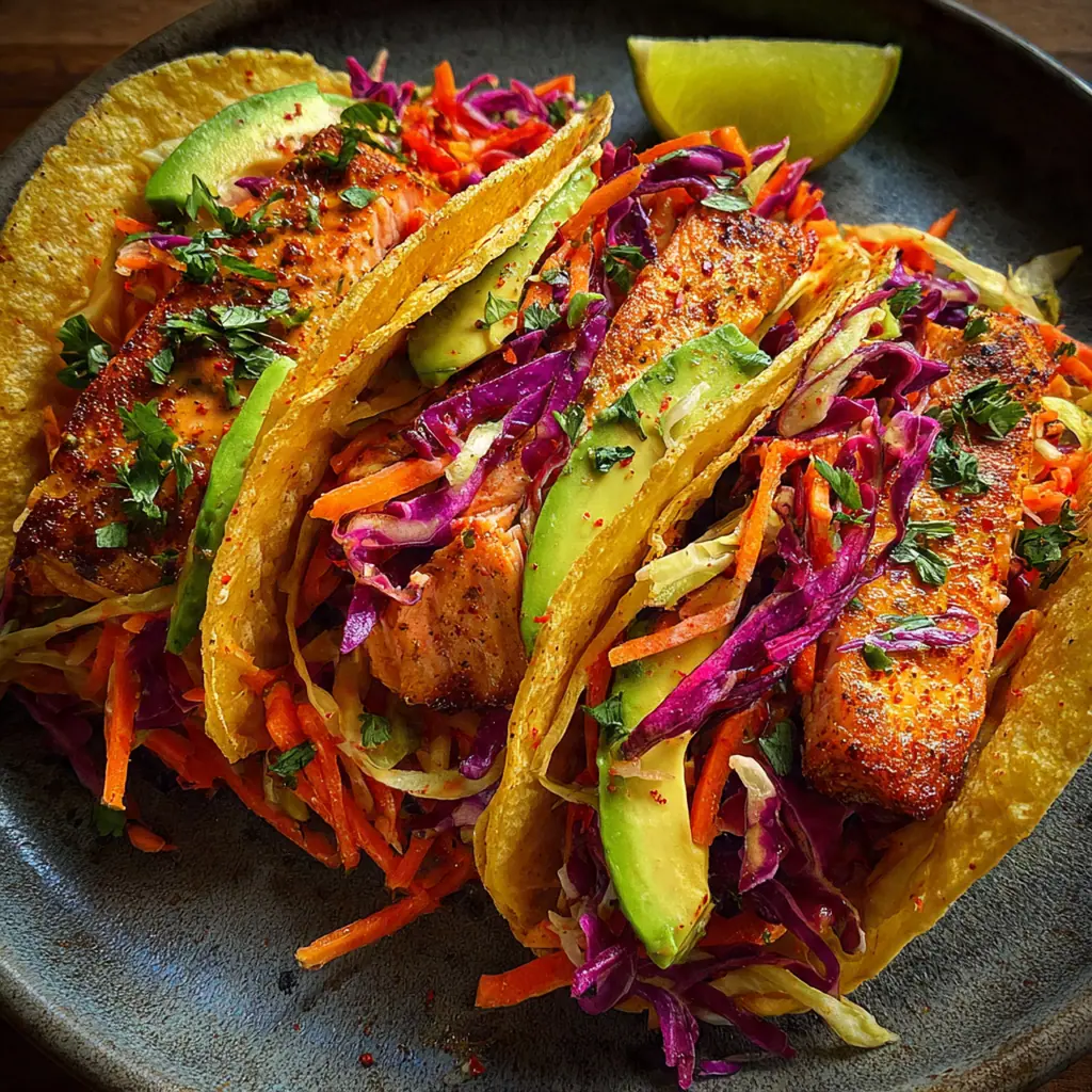 A colorful platter of crispy salmon tacos with lime wedges and fresh cilantro garnish