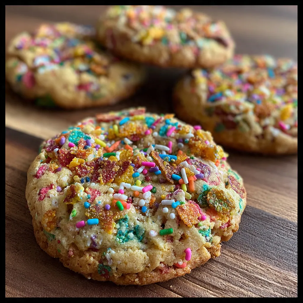 A mixing bowl showing the dough swirled with bright Fruity Pebbles pieces