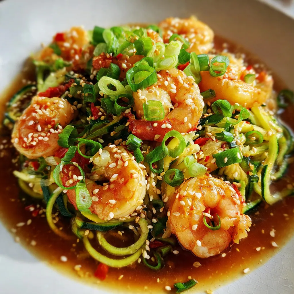 Close-up view of a fork twirling tender shrimp and zucchini noodles coated in a glossy homemade teriyaki sauce.