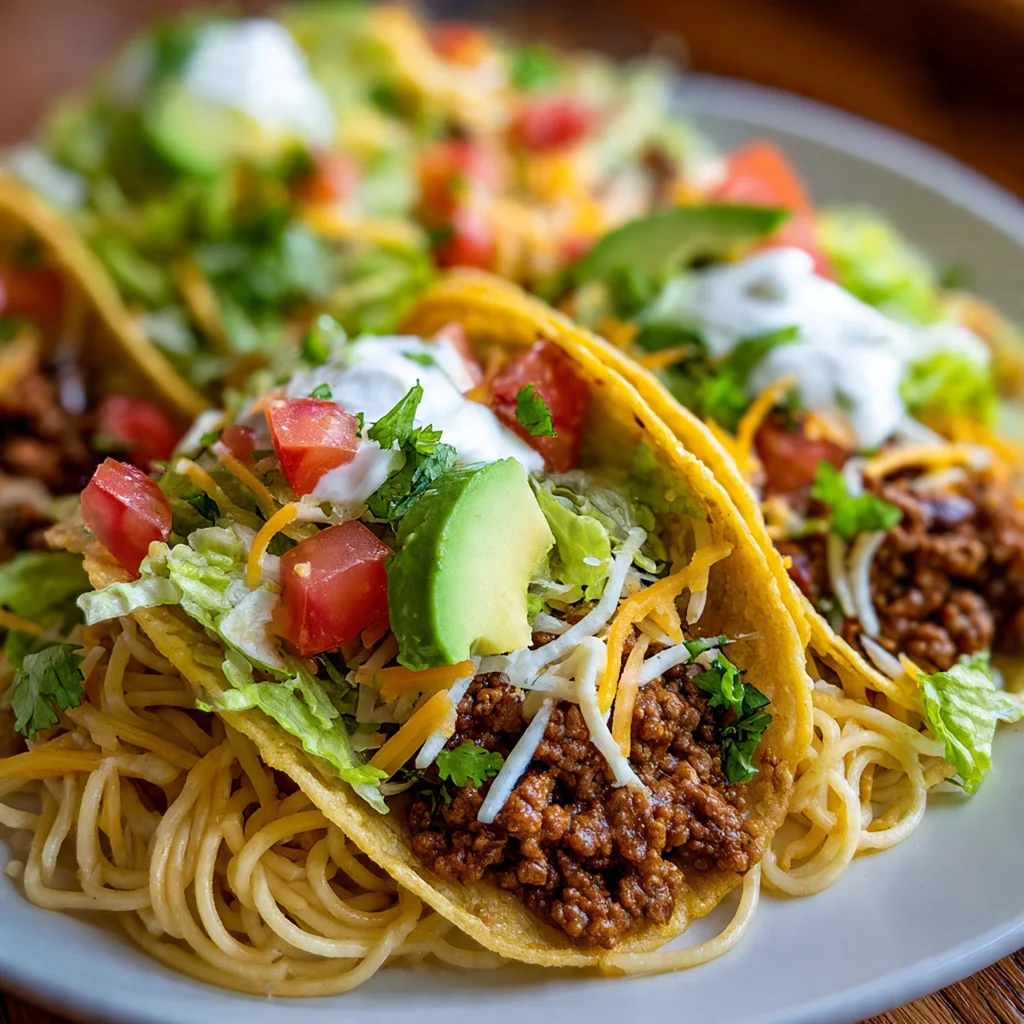 Close-up of a hand holding a spaghetti taco with Parmesan and parsley garnish