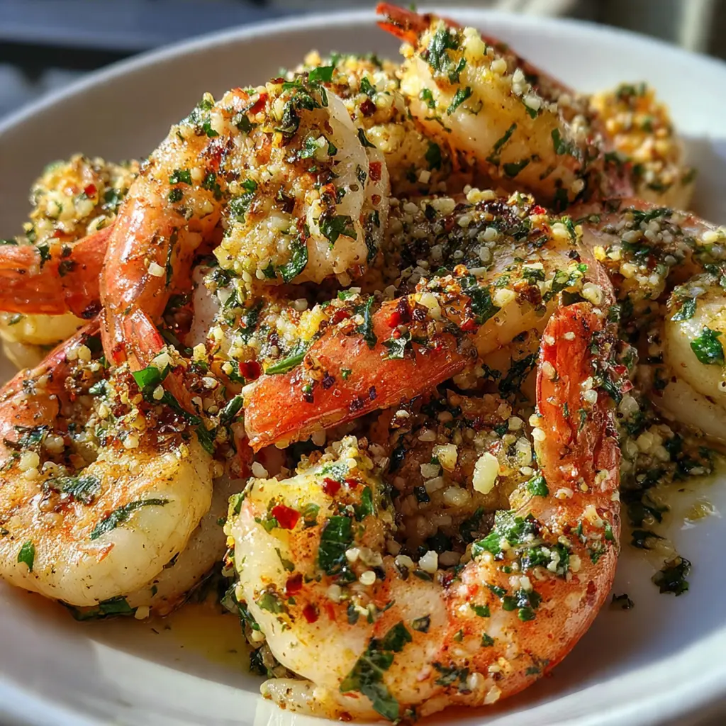 Close up of garlic butter shrimp with a crispy cheese crust and lemon wedges