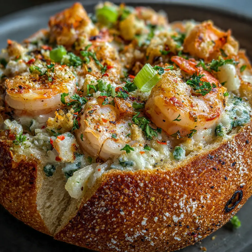 A spoon dipping into a creamy seafood filling inside a crispy, toasted sourdough bowl.