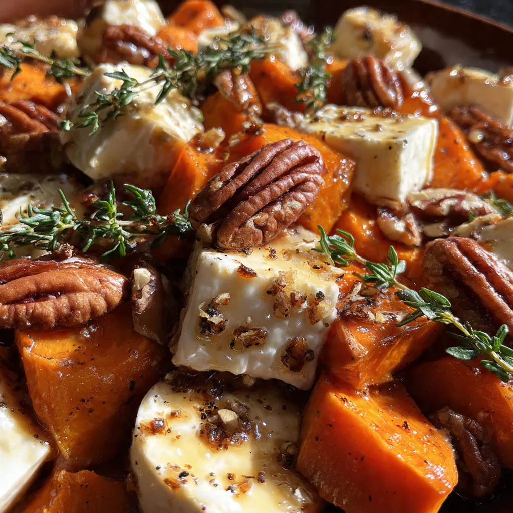 A beautiful holiday table setting with a baking dish of Maple Pecan Brie Sweet Potatoes next to a roast turkey and green beans