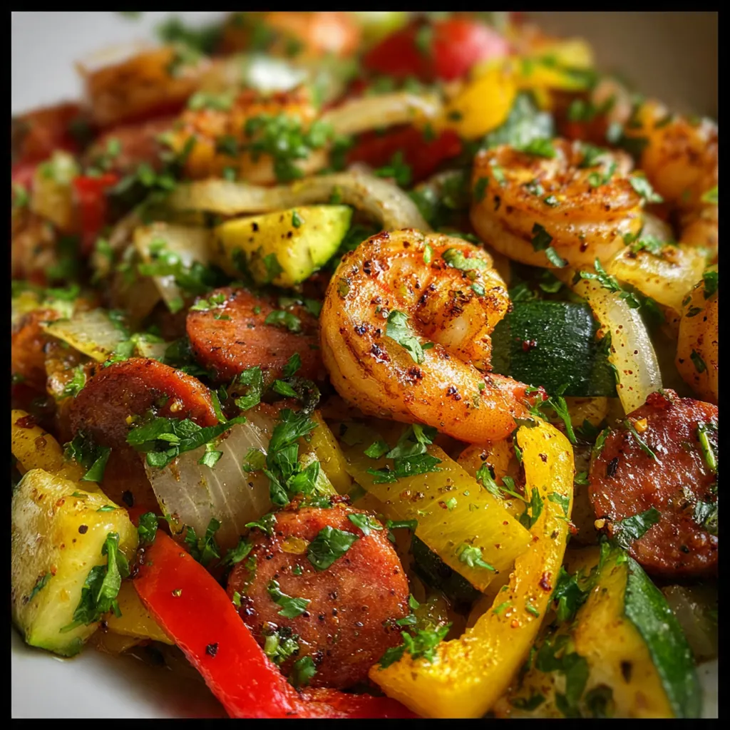 The finished skillet meal served in a bowl over a fluffy bed of white rice with lemon wedges