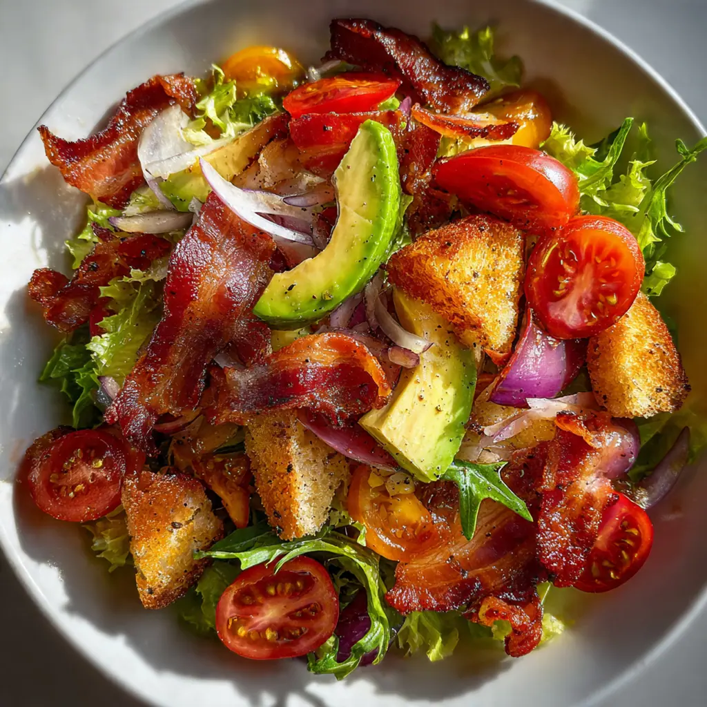 A complete dinner plate featuring the warm salad next to a slice of crusty sourdough bread