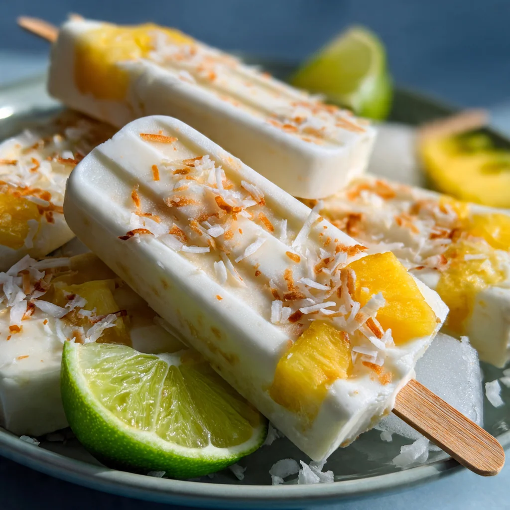 A hand holding a tropical coconut cream popsicle against a backdrop of fresh pandan leaves and coconut