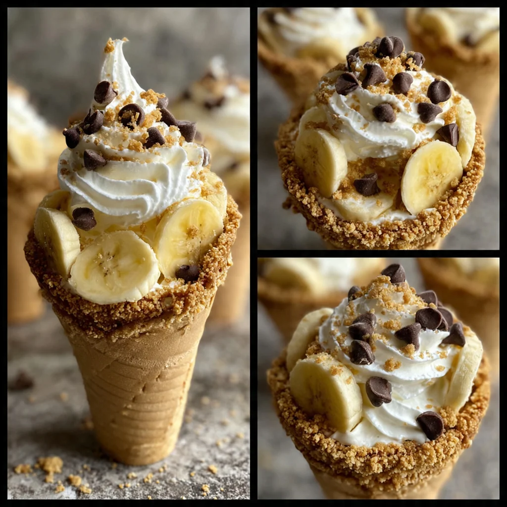 Overhead shot of the creamy cheesecake pudding filling being piped into a line of sugar cones on a rustic table