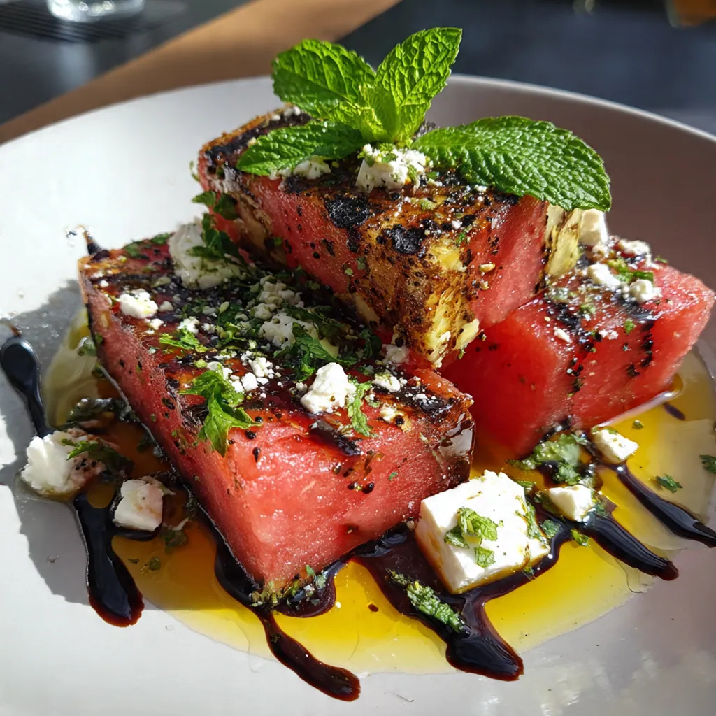 Close-up of a caramelized watermelon triangle garnished with fresh mint, crumbled vegan feta, and microgreens