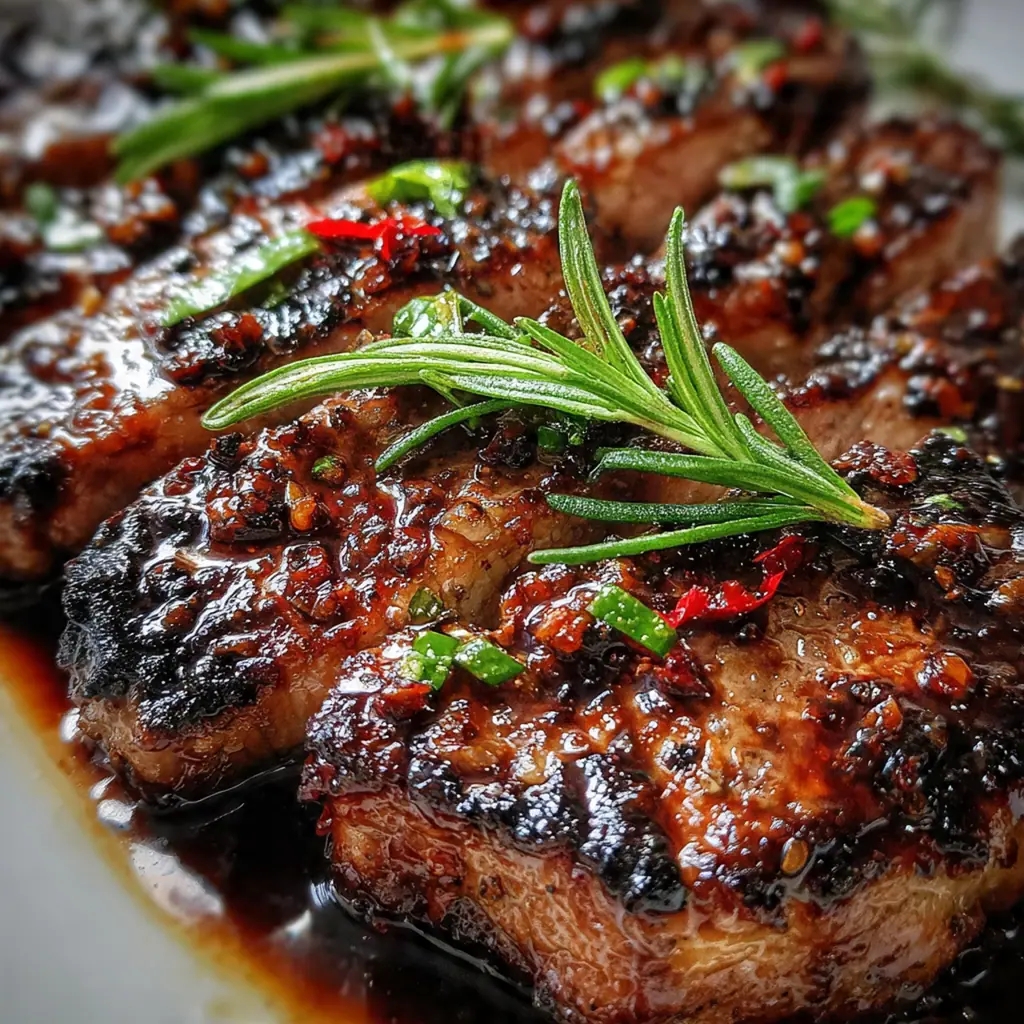A complete dinner plate featuring bourbon haunted garlic steak with mashed potatoes and roasted Brussels sprouts