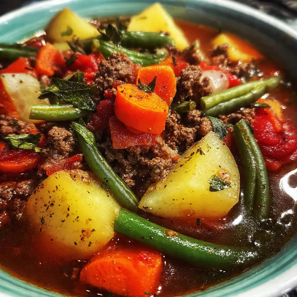 Overhead view of a spoon lifting a portion of baked shipwreck stew with tender potatoes and savory beef.