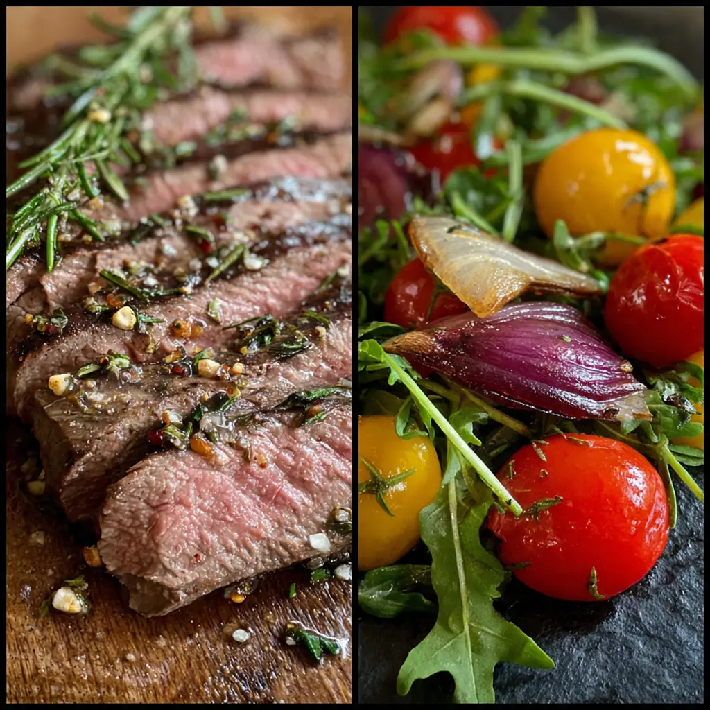 Plated Balsamic Grilled Flank Steak drizzled with glaze and garnished with fresh rosemary sprigs