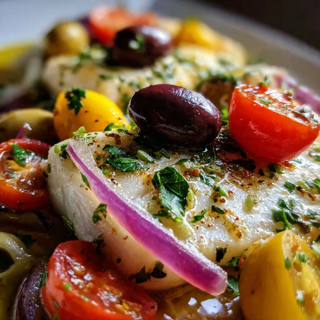 Close-up of tender white fish fillets smothered in rich tomato and olive sauce