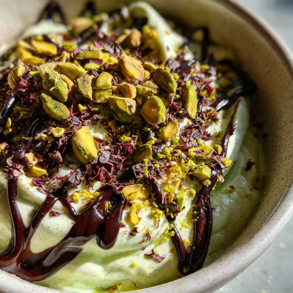 Close-up spoonful of Italian pistachio cream showing its smooth, glossy texture