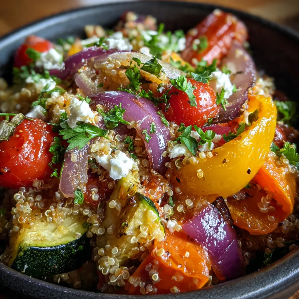 Fluffy quinoa topped with caramelized roasted vegetables and a sprinkle of feta cheese