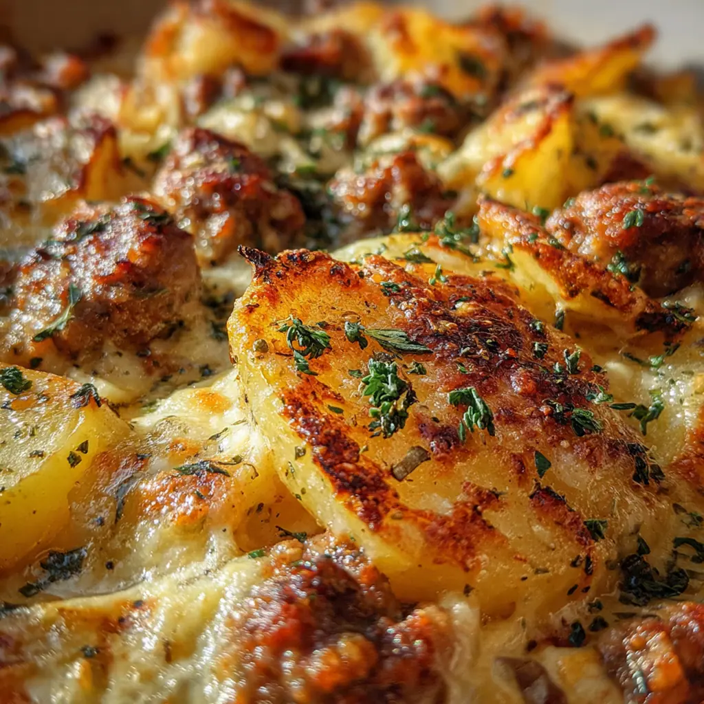 A comforting plate of sausage potato bake garnished with fresh parsley beside a green salad