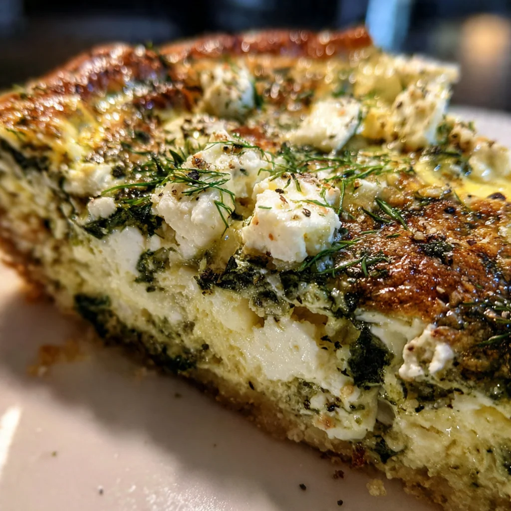 Close-up slice of quiche showing creamy custard with flecks of spinach and feta