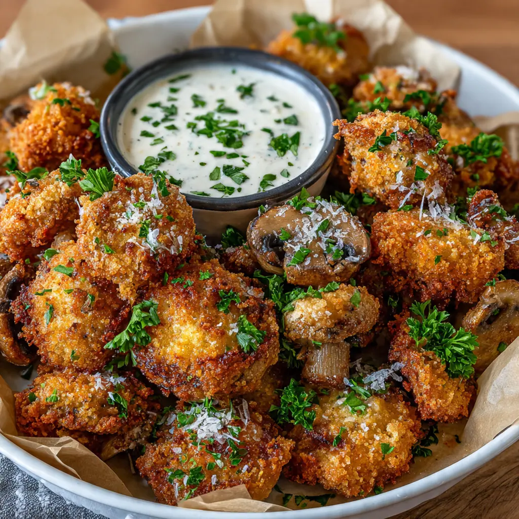 A hand reaching for a crispy fried mushroom from a rustic wooden board, lemon wedges and parsley in the background