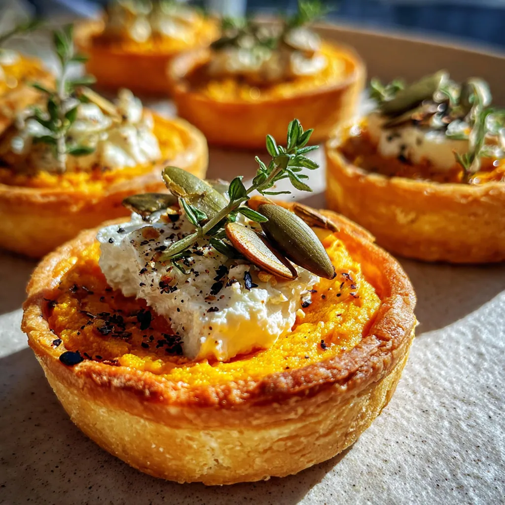 Close-up of a single tartlet showing the flaky crust and creamy pumpkin goat cheese filling