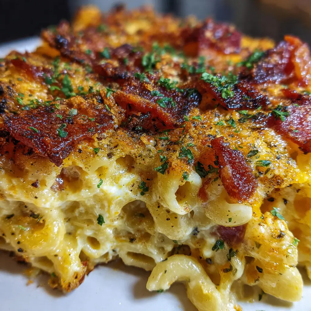 Close-up of a sliced piece showing layers of noodles, creamy mac and cheese, and smoky barbecue sauce