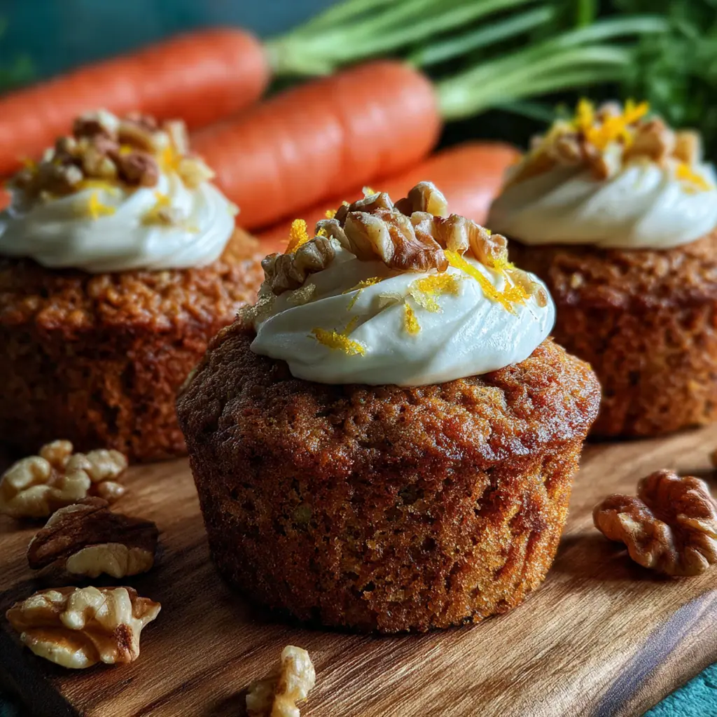Decorated mini carrot cakes with orange carrot piping, pastel sprinkles and shredded coconut grass topping