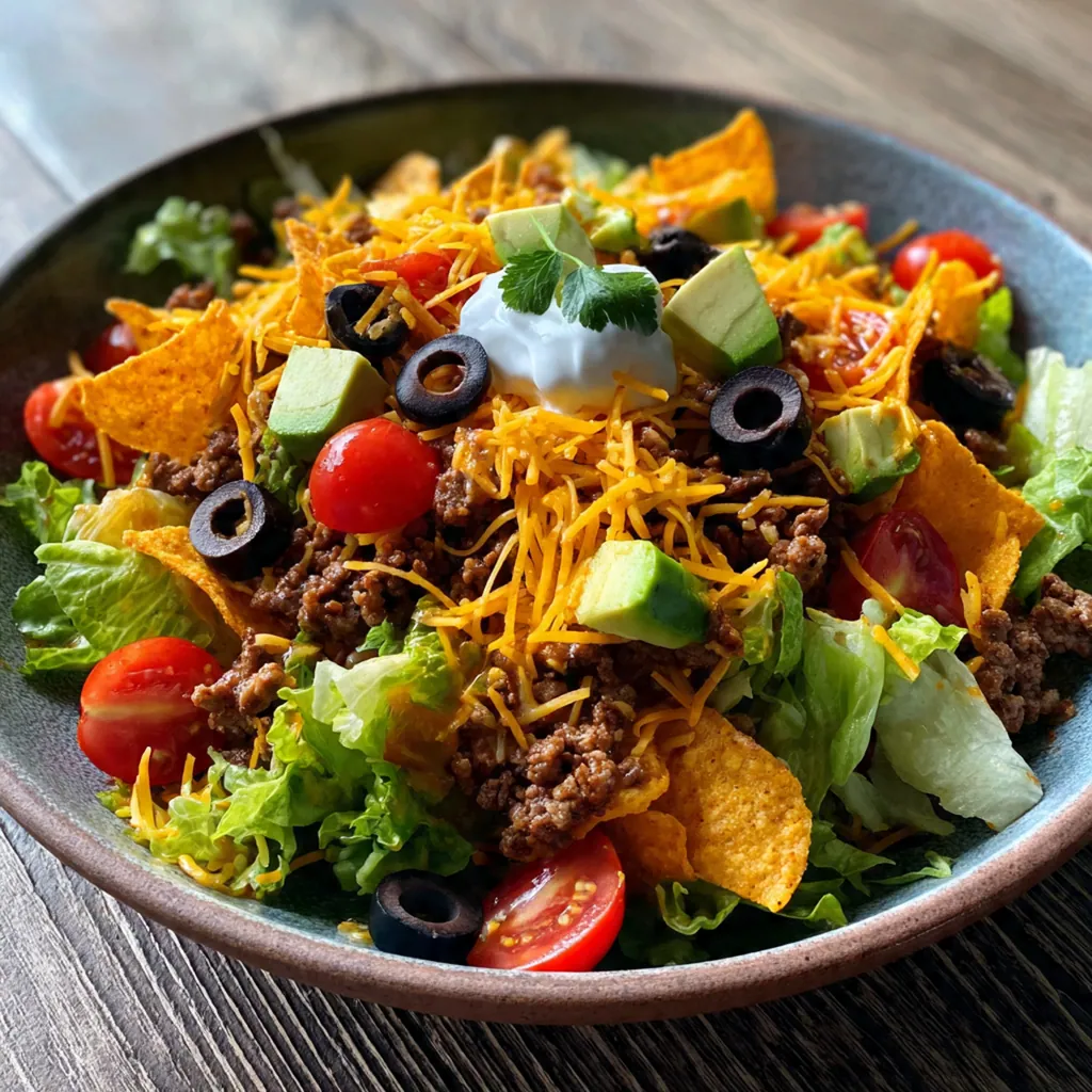 Family-style serving of taco salad with optional avocado, cilantro, and lime wedges on the side