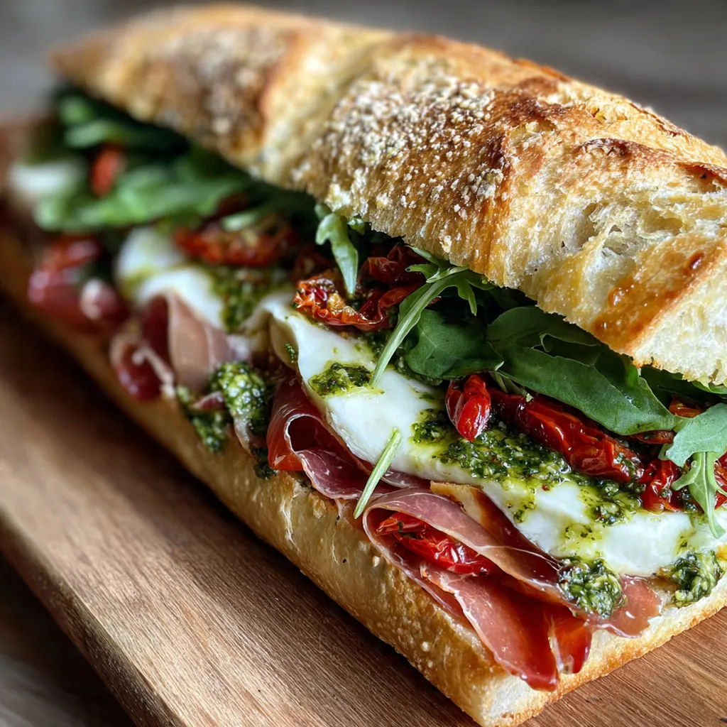 Close-up of the Stanley Tucci Sandwich interior revealing perfect layers of pesto prosciutto and molten mozzarella