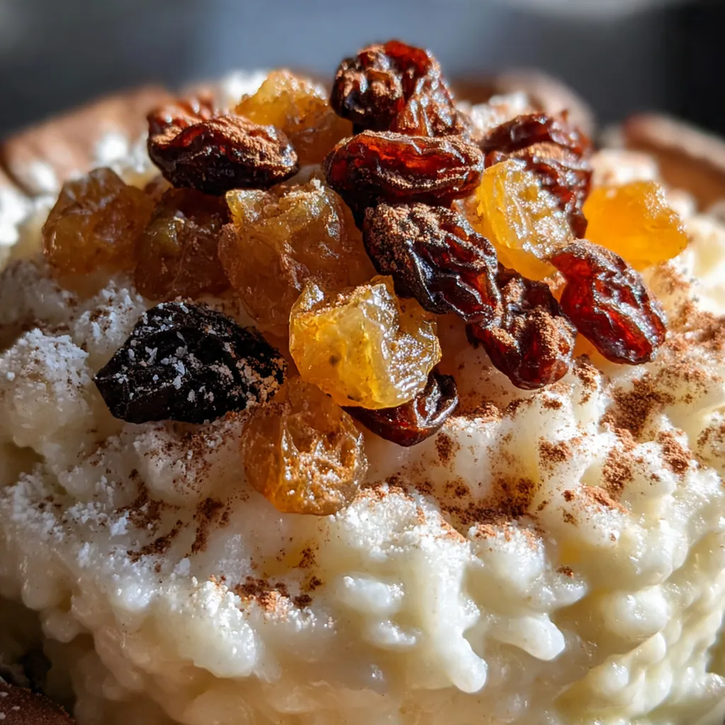 Close-up of velvety stovetop rice pudding showing tender grains in a rich custard