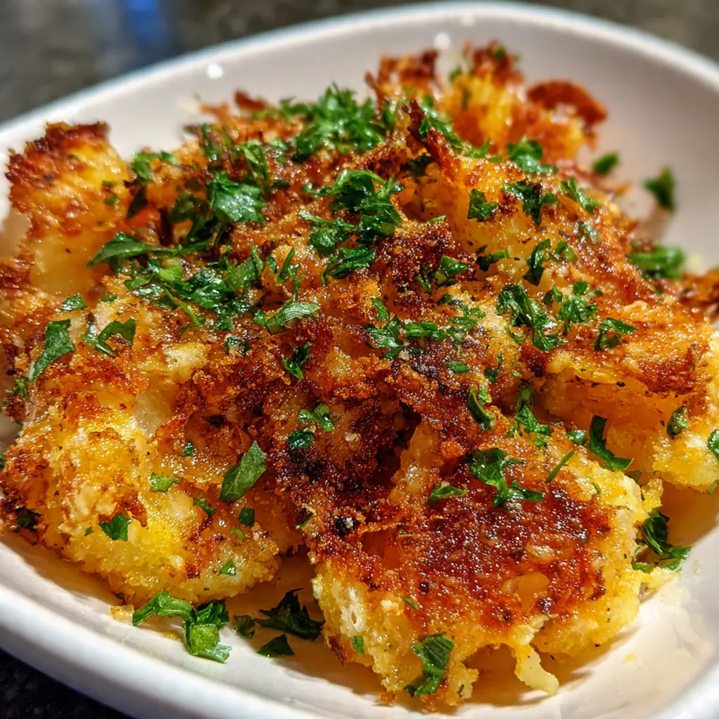 A serving of the casserole on a plate next to grilled steak and fresh herbs