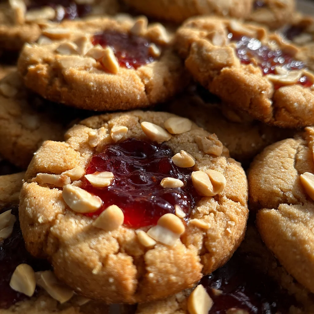 Fresh baked peanut butter jelly cookies cooling on a wire rack with jam glistening