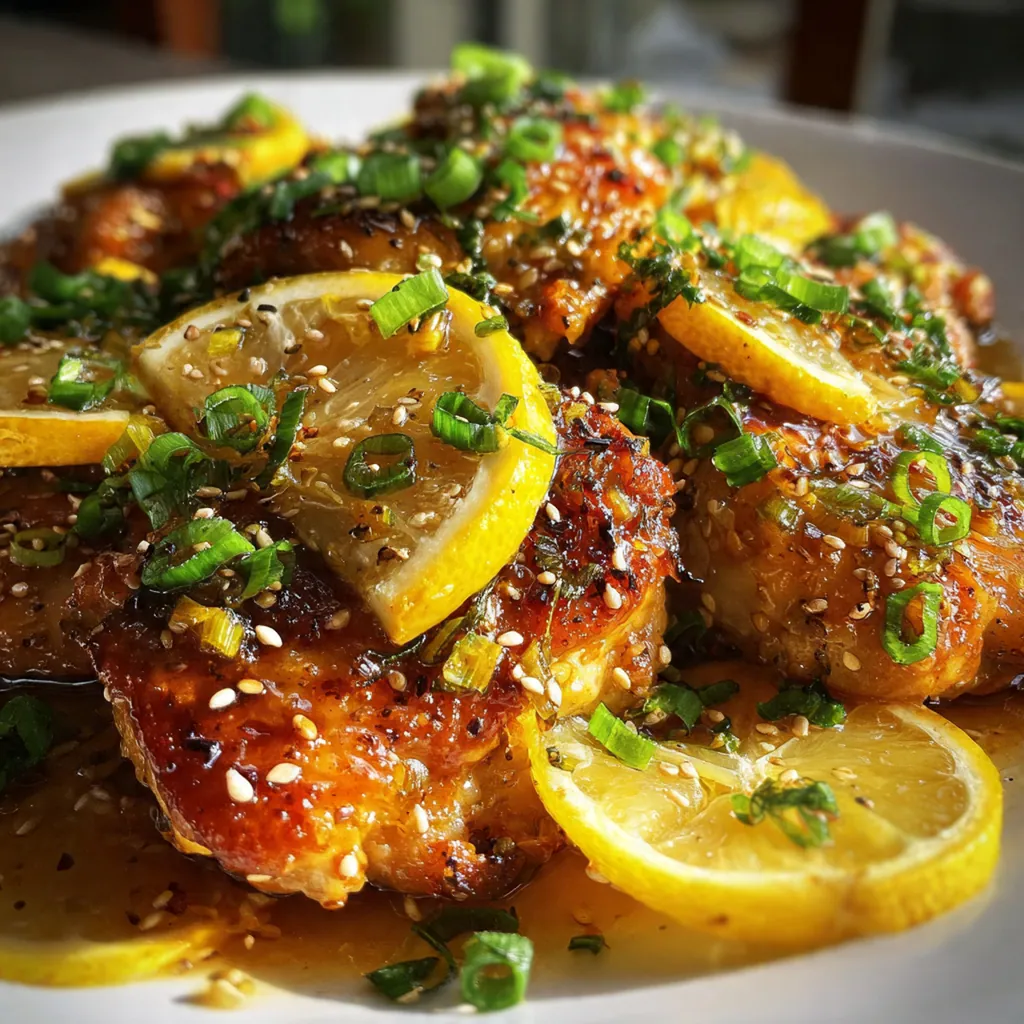 A white plate with a serving of honey lemon chicken, steamed rice, and a sprinkle of green onions
