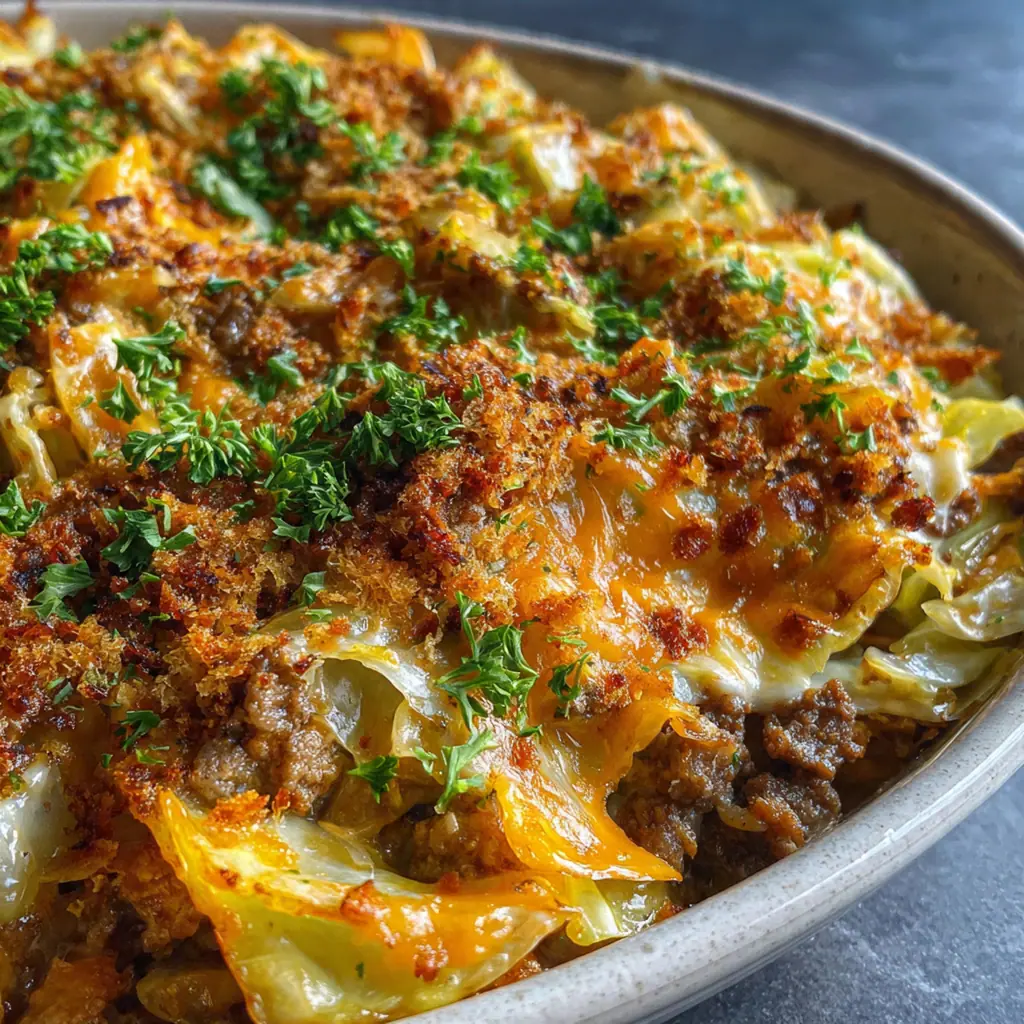 Close-up of a serving spoon cutting into the creamy cabbage casserole layers