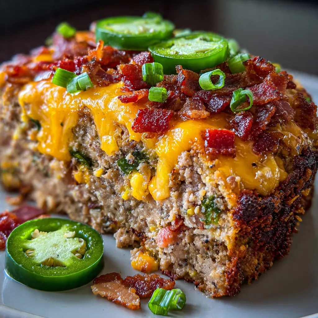 Close-up of a meatloaf slice with oozing cream cheese, chopped jalapenos, and a sticky chipotle glaze.
