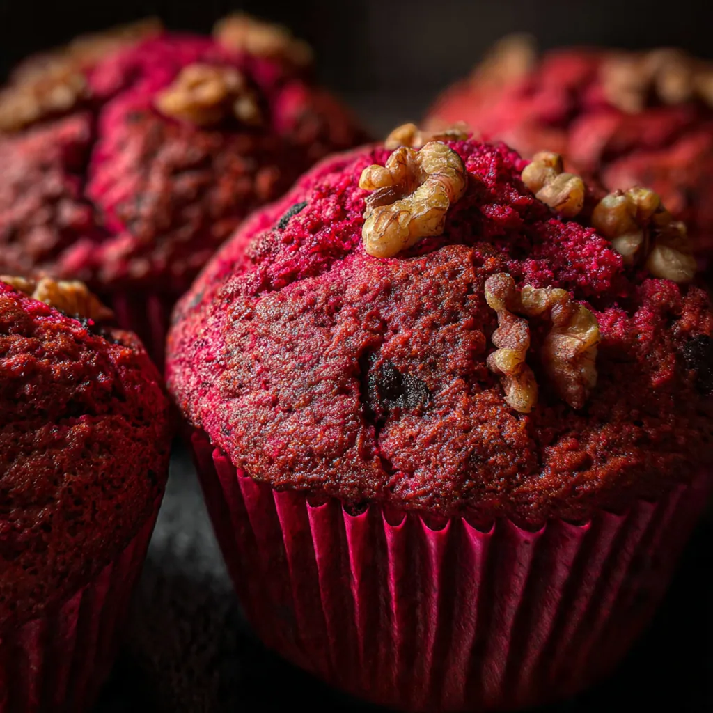 Mini muffin tin filled with vibrant beet muffins cooling on a wire rack