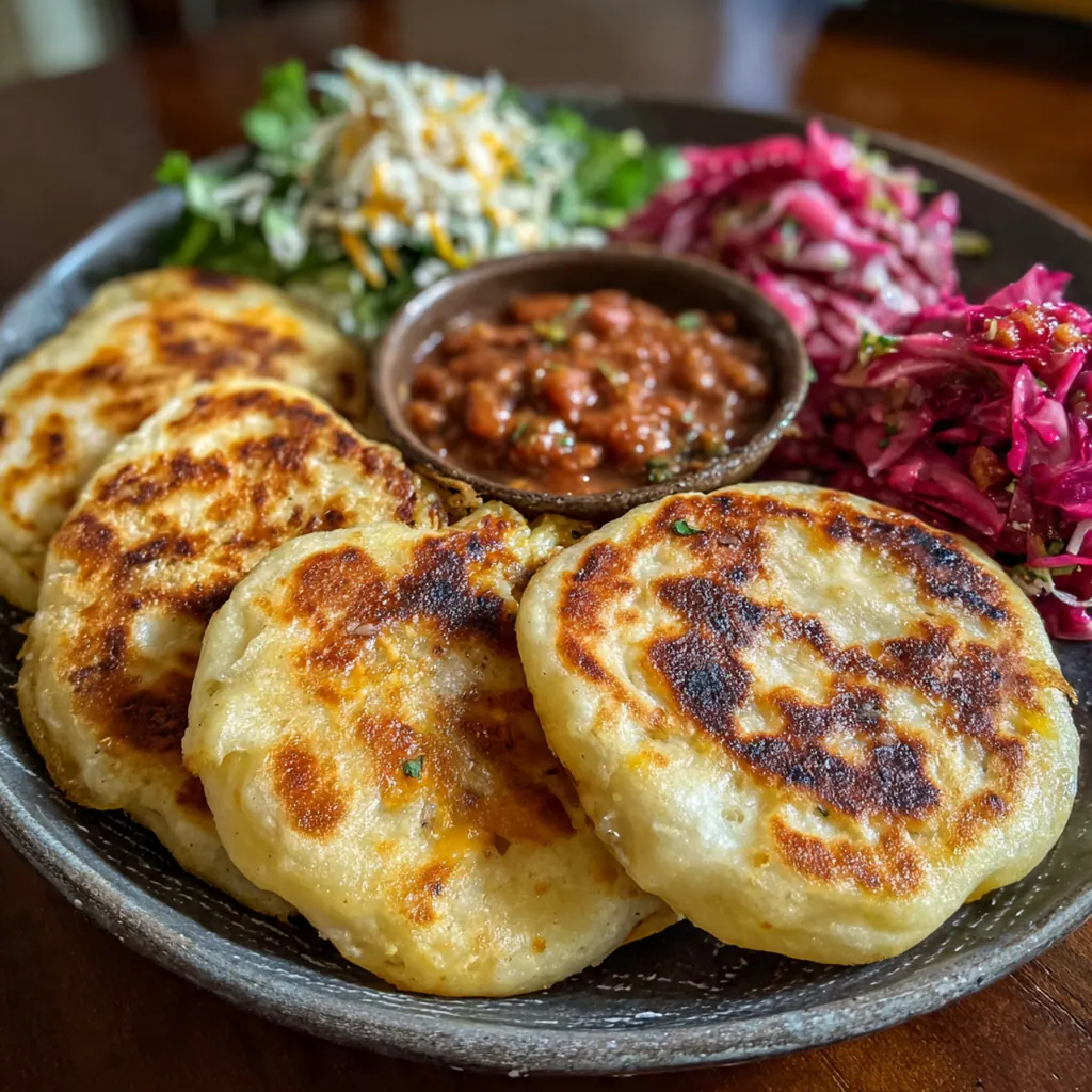 Close-up of a hand pulling apart a hot pupusa to reveal the stretchy, gooey cheese filling inside