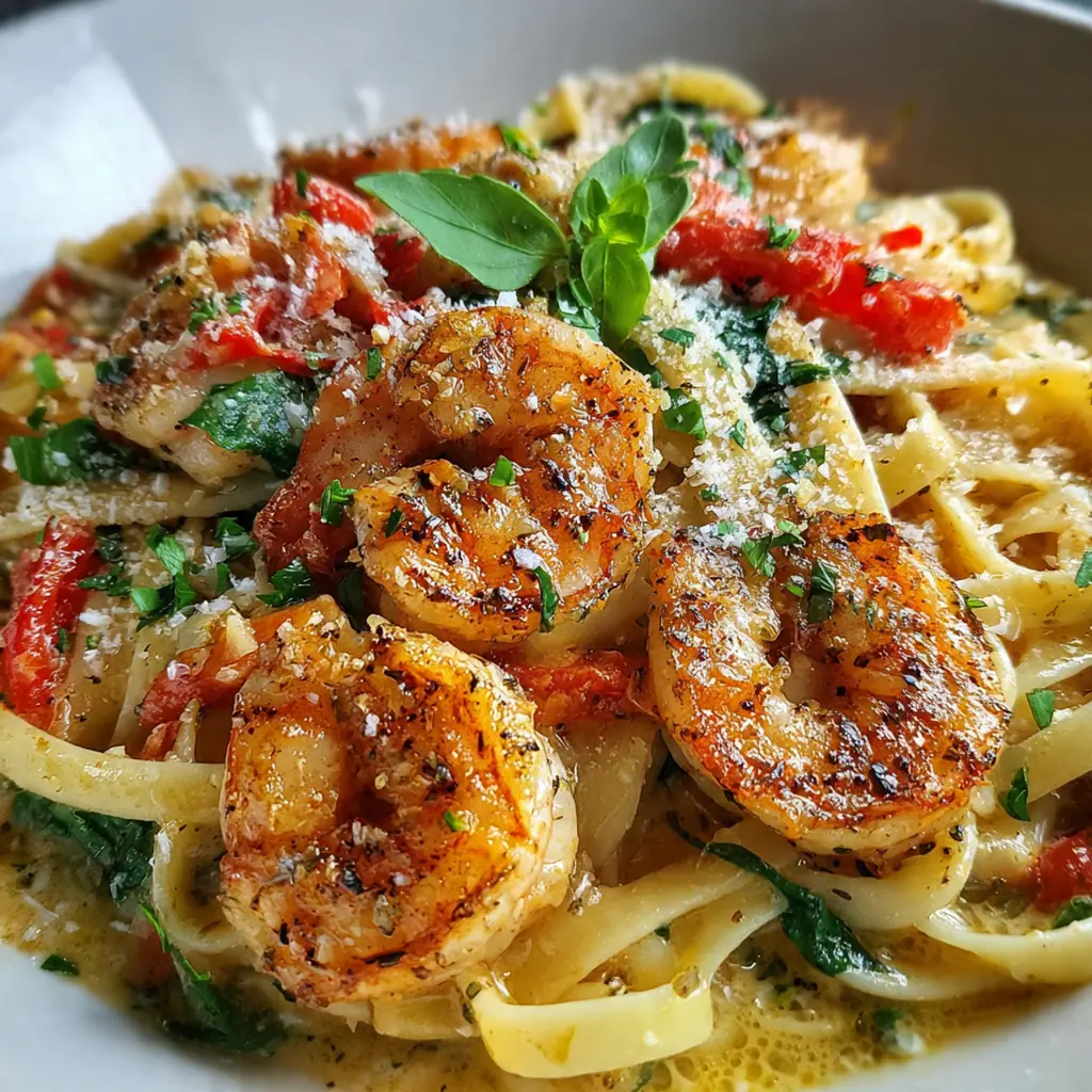 A beautiful plated bowl of Creamy Cajun Shrimp Pasta garnished with fresh parsley and a sprinkle of Parmesan cheese