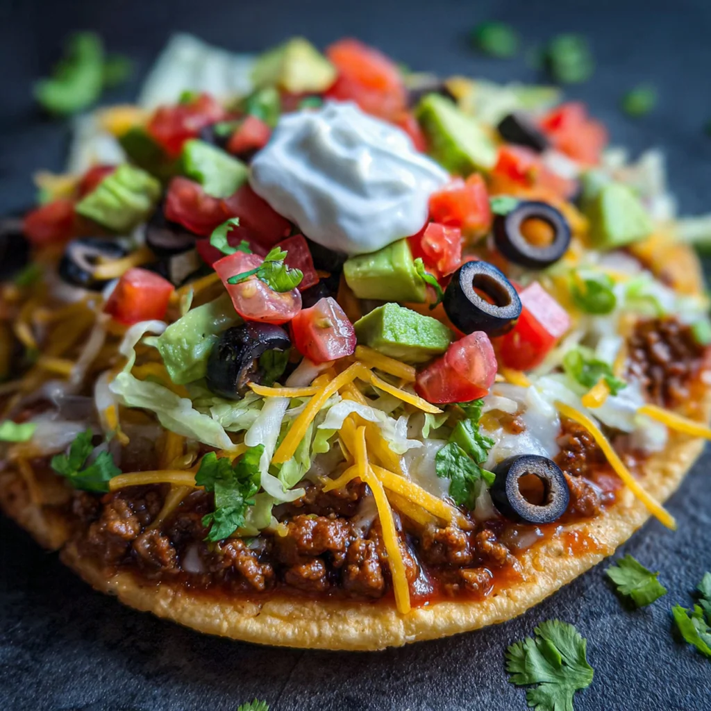 Close-up of a slice of Mexican pizza showing the crispy layered tortillas, seasoned beef, and refried beans
