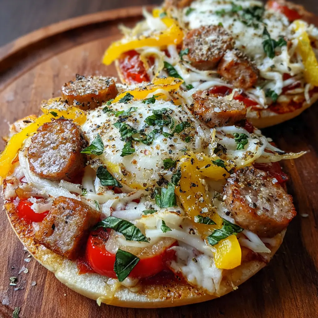 Overhead shot of freshly baked breakfast pizzas on a parchment-lined baking sheet ready to serve