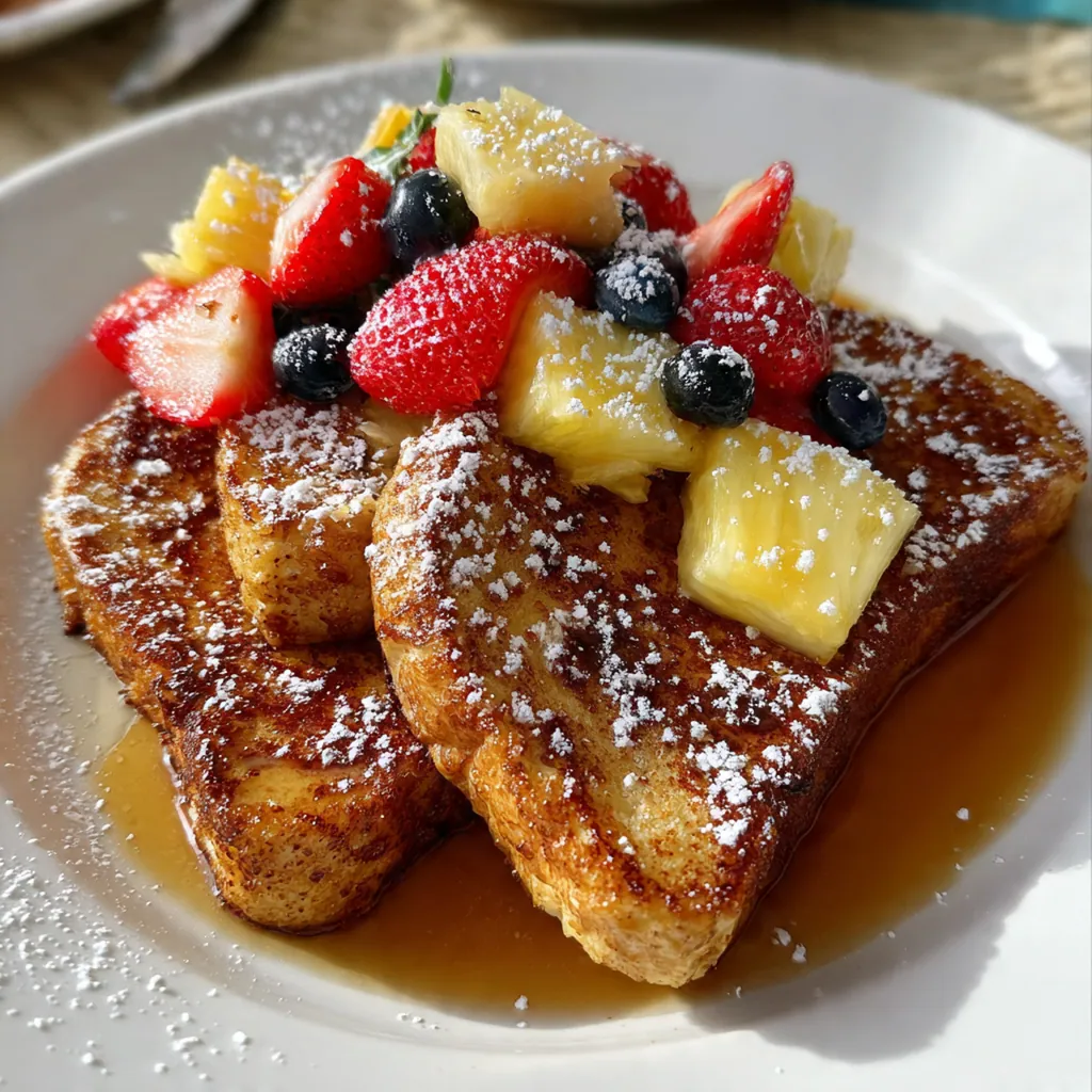 A brunch plate featuring Hawaiian roll French toast with syrup, whipped cream, and crispy bacon on the side
