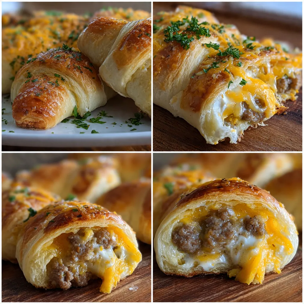 Sausage Cream Cheese Crescents cut in half showing the creamy filling and flaky layers