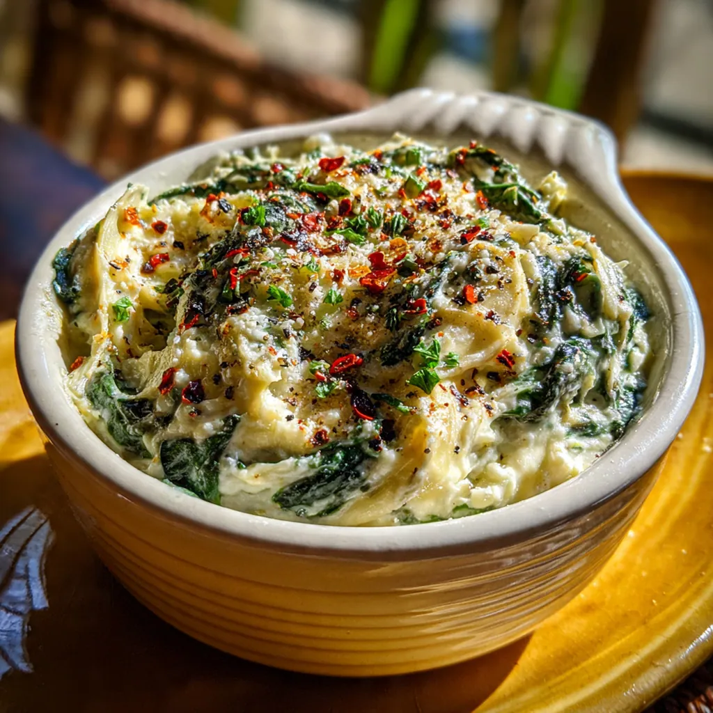 A spread of warm spinach and artichoke dip surrounded by tortilla chips, bread slices, and fresh vegetable sticks